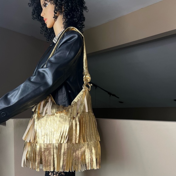 GOLDENBLEU Gold Genuine Leather Fringe Handbag - Picture 4 of 16